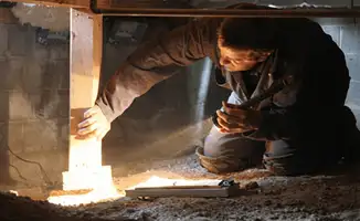 A professional inspecting wooden beams under the floor of a structure in Rochester, NY